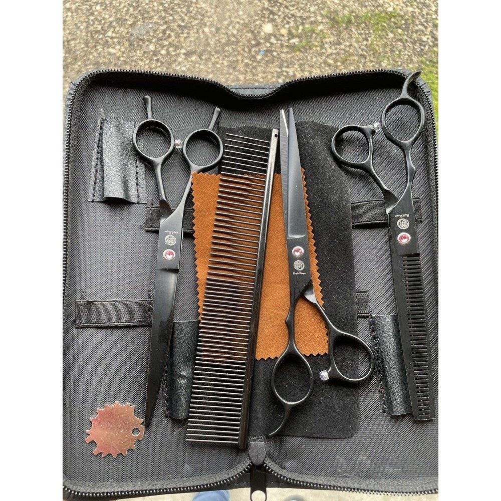 Purple Dragon Dog Grooming  Kit 7.0” Left Hand Stainless Curved Scissors 5 Pcs.